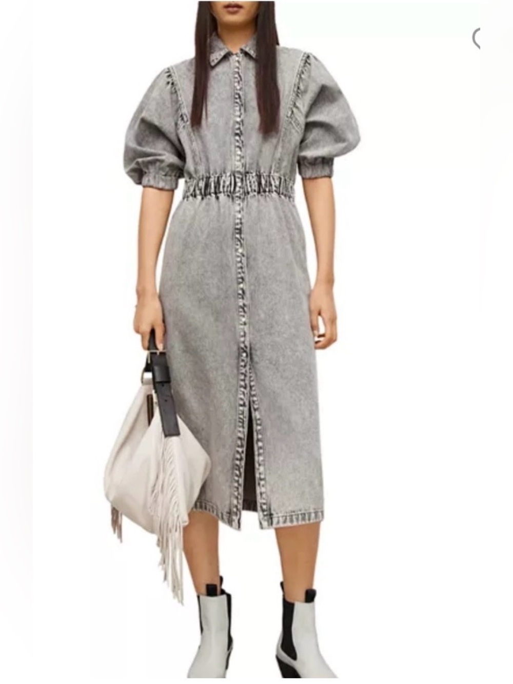 All Saints Washed Grey Denim Midi Shirt Dress